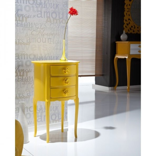 Komodin 17627 Klasik Bombe Model Kayın Aslan Ayak 3Çekmec sarı lake boya El yapım