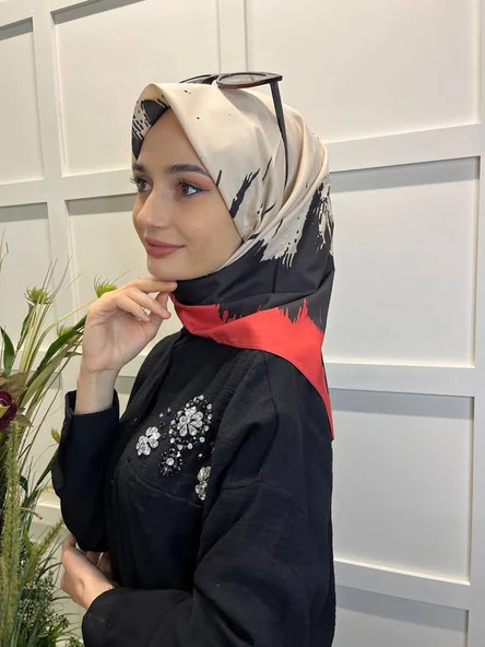Eflatun Scarf Dijital Baskı Renkli Rayon Eşarp 00749  KIRMIZI - 1