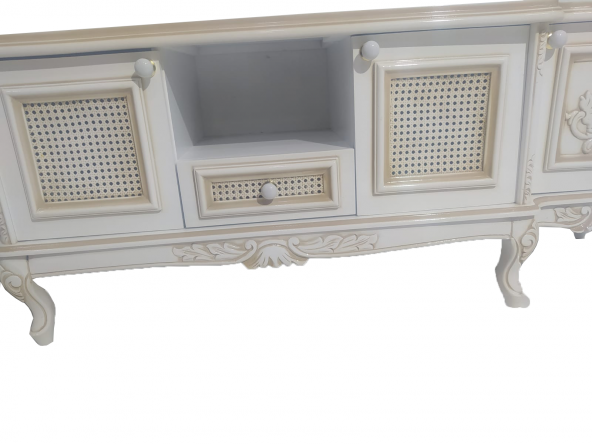 Tv Sehpa ST 17346 Klasik Hasır Model Kayın Aslan Ayak Oyma Nakış Beyaz El yapım - Resim 2
