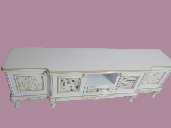 Tv Sehpa ST 17346 Klasik Hasır Model Kayın Aslan Ayak Oyma Nakış Beyaz El yapım - Resim 3