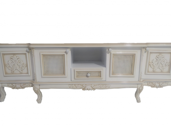 Tv Sehpa ST 17346 Klasik Hasır Model Kayın Aslan Ayak Oyma Nakış Beyaz El yapım - Resim 6