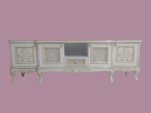 Tv Sehpa ST 17346 Klasik Hasır Model Kayın Aslan Ayak Oyma Nakış Beyaz El yapım - Resim 8