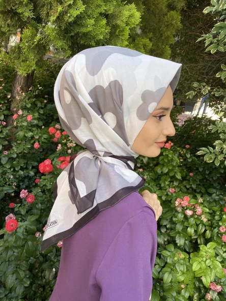 Eflatun Scarf Pamuklu (Cotton) Çiçek Desenli Eşarp 00588  SİYAH GRİ - Resim 2