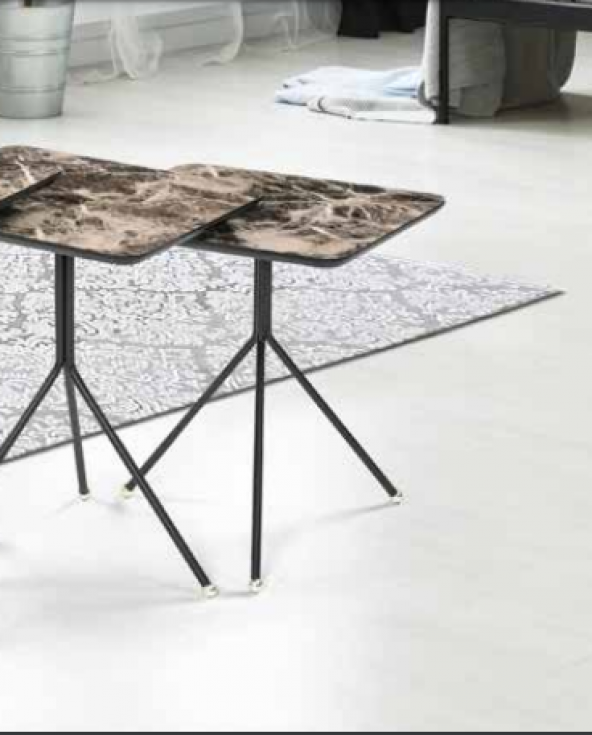 Zigon OSM 11793 Kare sehpa Metal V Ayak Kahverengi Mermer Renk Tabla El Yapım