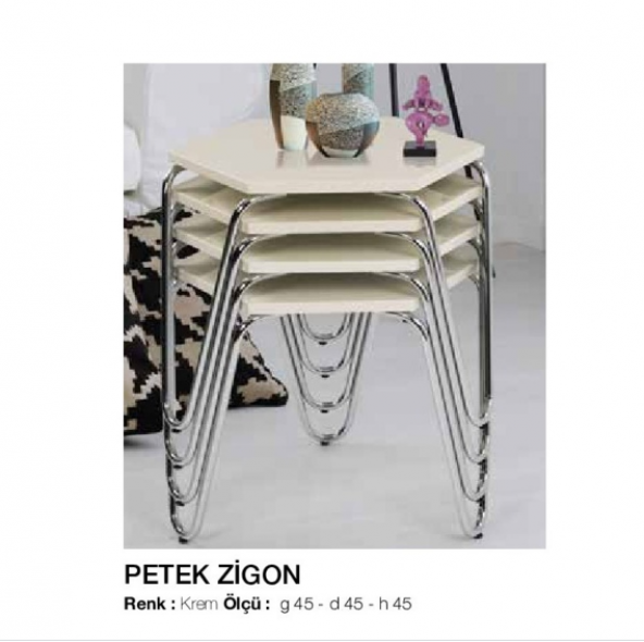 Zigon OSM11796  Petek Model sehpa Metal çelik Nikelaj V Ayak Krem Tabla El Yapım
