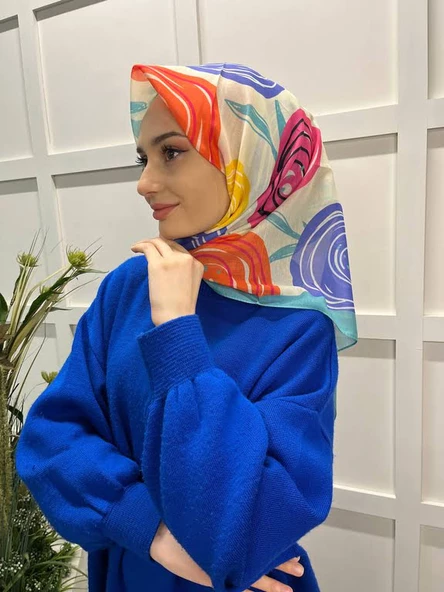 Eflatun Scarf Pamuklu (Cotton) Minimal Çiçek Desenli Eşarp 00747  SU YEŞİLİ - Resim 2