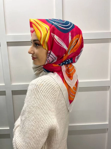 Eflatun Scarf Pamuklu (Cotton) Minimal Çiçek Desenli Eşarp 00747  BEYAZ - 3