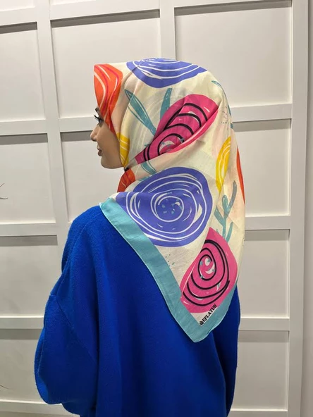 Eflatun Scarf Pamuklu (Cotton) Minimal Çiçek Desenli Eşarp 00747  SU YEŞİLİ - Resim 3