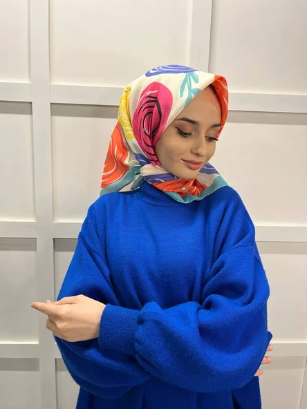 Eflatun Scarf Pamuklu (Cotton) Minimal Çiçek Desenli Eşarp 00747  SU YEŞİLİ ürün görseli