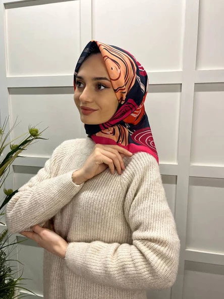 Eflatun Scarf Pamuklu (Cotton) Minimal Çiçek Desenli Eşarp 00747  LACİVERT FUŞYA - Resim 2