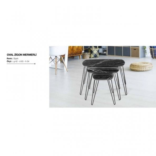 Zigon OSM 11774 OVAL Model Parlak Siyah mermer Mdf tabla Metal V ayak El Yapım