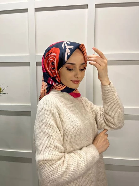 Eflatun Scarf Pamuklu (Cotton) Minimal Çiçek Desenli Eşarp 00747  LACİVERT FUŞYA ürün görseli