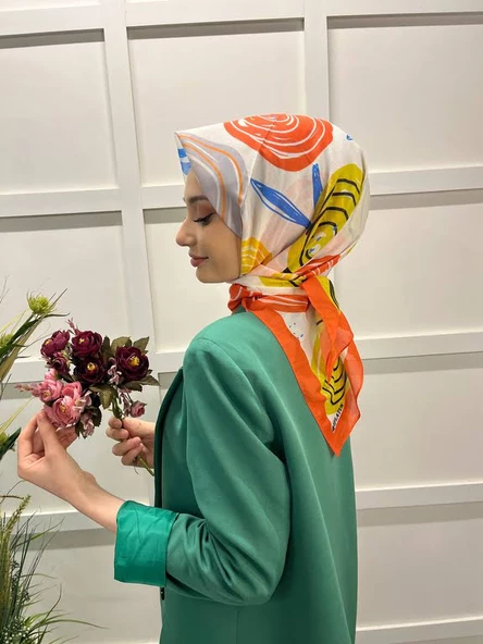 Eflatun Scarf Pamuklu (Cotton) Minimal Çiçek Desenli Eşarp 00747  TURUNCU - Resim 3
