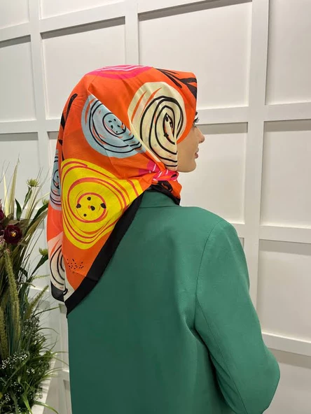 Eflatun Scarf Pamuklu (Cotton) Minimal Çiçek Desenli Eşarp 00747  SİYAH TURUNCU