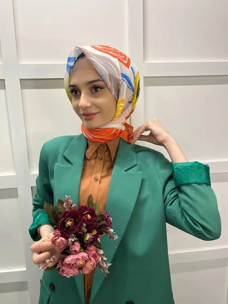 Eflatun Scarf Pamuklu (Cotton) Minimal Çiçek Desenli Eşarp 00747  TURUNCU ürün görseli