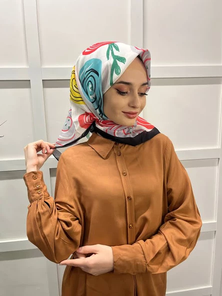 Eflatun Scarf Pamuklu (Cotton) Minimal Çiçek Desenli Eşarp 00747  SİYAH TURKUAZ