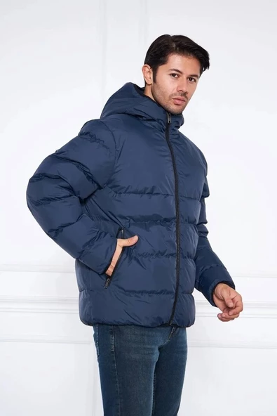 Erkek Kapüşonlu Regular Fit Şişme Mont Lacivert - 3