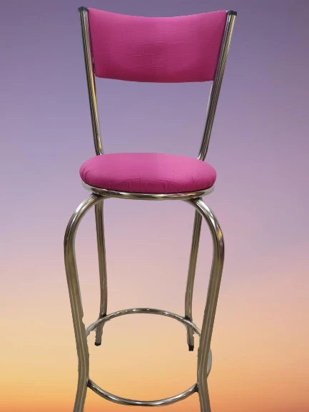 Sandalye 14571 BAR Yüksek Model Pembe FUŞYA Metal nikelaj Suni deri döşem El Yapı - 2