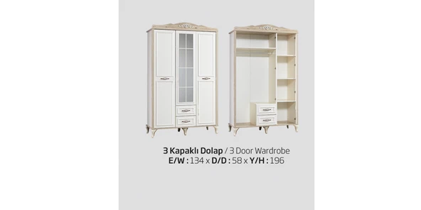 Dolap 14422 Urlu COUNTRY Model 3 kapı Hard BEYAZ suntalem Kalite Yüksek ayak El Yapım - 2