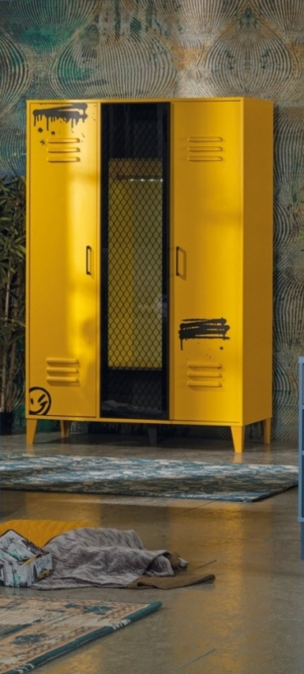 Dolap Gardırop 13977 MİX SARI üç Kafes kapak arkası cam Detay Yüksek ayk SARI renk uyum