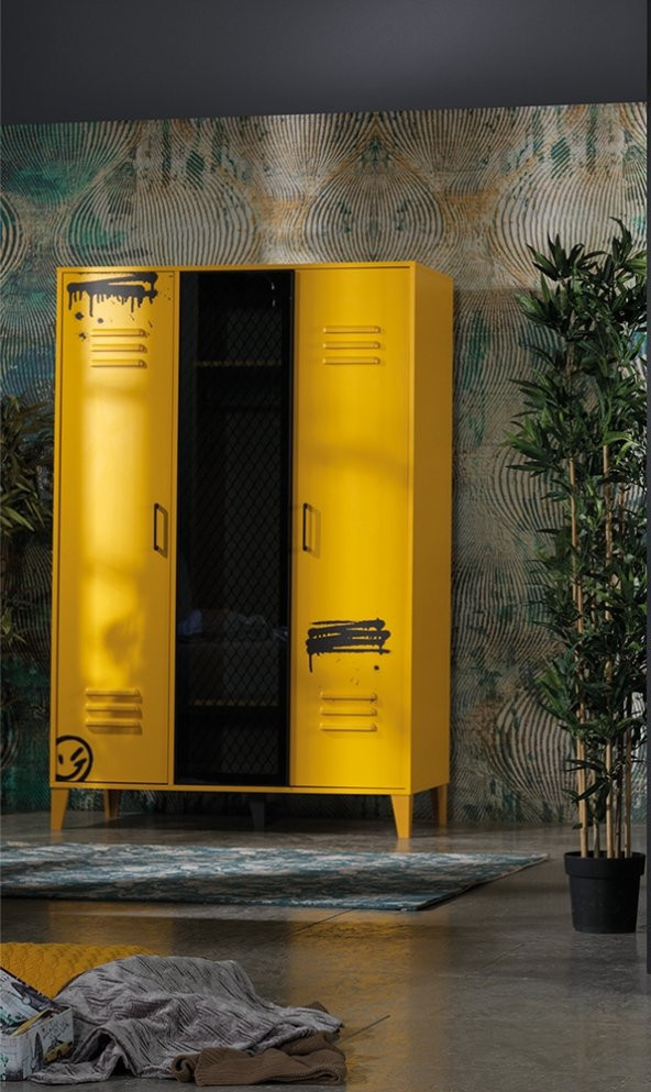 Dolap Gardırop 13977 MİX SARI üç Kafes kapak arkası cam Detay Yüksek ayk SARI renk uyum - 2