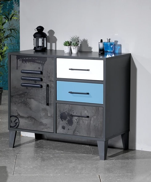 Şifonyer Urlu 13976 MİX İRONİ İnovasyon Model Üç Çekmec Dolap Detaylı MAVİ GRİ Renk Uyum