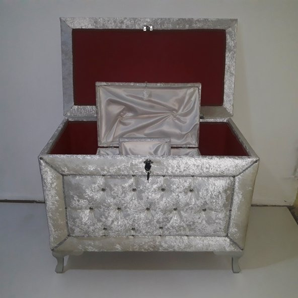 Çeyiz 13940 SANDIK Kapiton KÜÇÜK 3lü Set KREM Kadife Kumaş İçi Tela El Yapım - 2