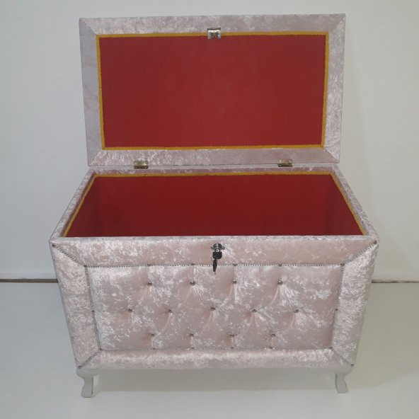 Çeyiz 13941 SANDIK Kapitone Model 3lü Set PEMBE Kadife Kumaş İçi Tela El Yapım - 4