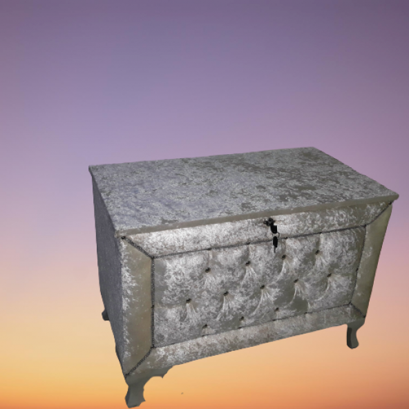 Çeyiz 13940 SANDIK Kapiton KÜÇÜK 3lü Set KREM Kadife Kumaş İçi Tela El Yapım - 6