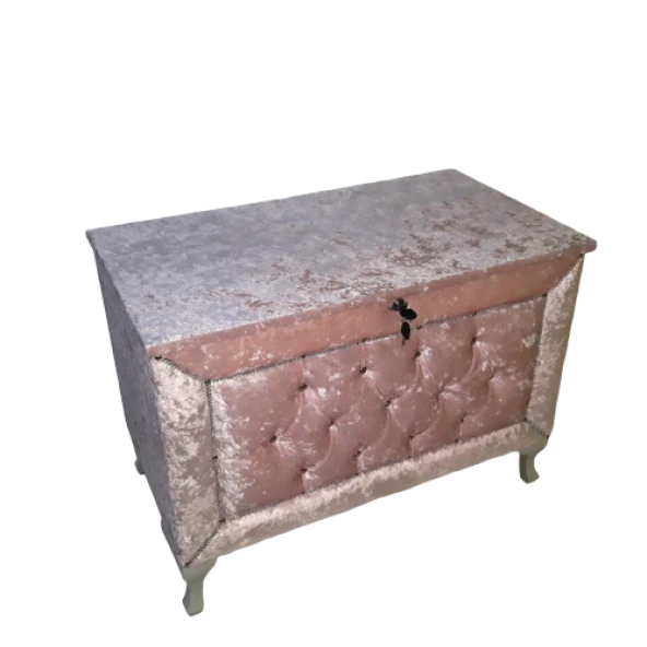 Çeyiz 13939 SANDIK Kapitone Büyük Model PEMBE Kadife Kumaş İçi Tela El Yapım - 2