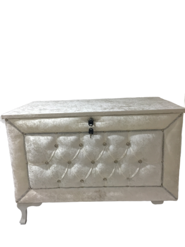 Çeyiz 13914SANDIK Kapitone Büyük Model KREM Kadifemsi Kumaş İçi Tela El Yapım