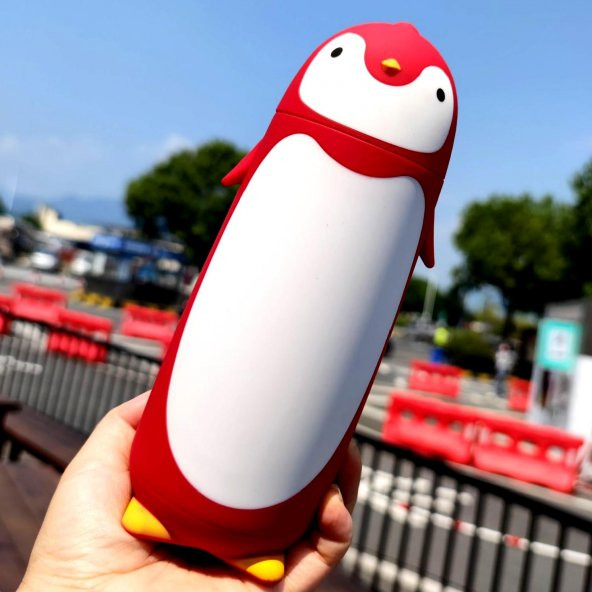 BottleBoss Penguen Figürlü Paslanmaz Çelik Çocuk Matarası 350 Ml Kırmızı - Resim 5