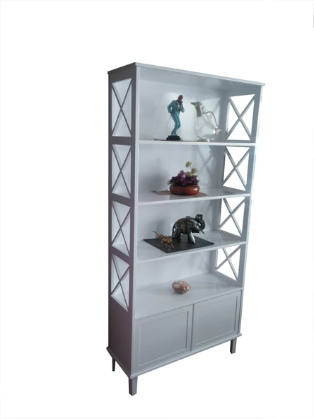 Kitaplık 13845 ÇAPRAZ Yan Model Kayın MDF Alt Kapak raf Parlak Beyaz Lake El Yapı - 2