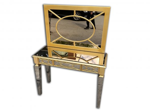 Dresuar 13718 MOTİFLİ Ayna Kaplama MODEL Parlak Gold Renk Kayın torna Çekm Elyapı - 2