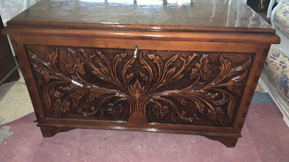 Çeyiz 13648 SANDIK Ahşap Kayın El Oymalı Model Kilit Parlak ceviz natüre El Yapı