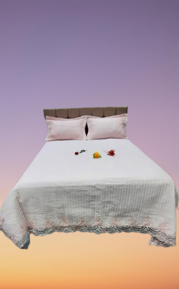 Yatak Örtüsü 13545 Zümrüt Çift Kişilik Dantelli Toz Pembe %80 Pamuk El Yapım - 4