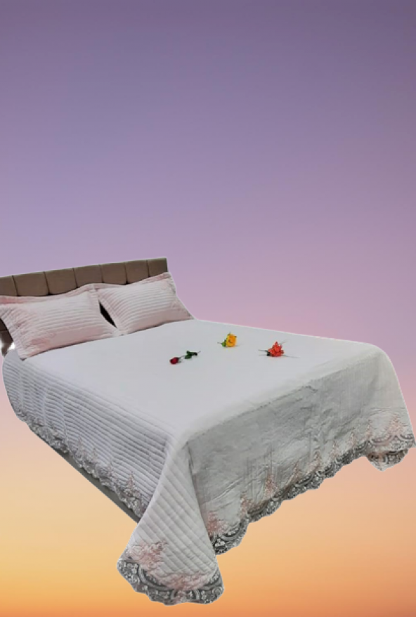 Yatak Örtüsü 13545 Zümrüt Çift Kişilik Dantelli Toz Pembe %80 Pamuk El Yapım