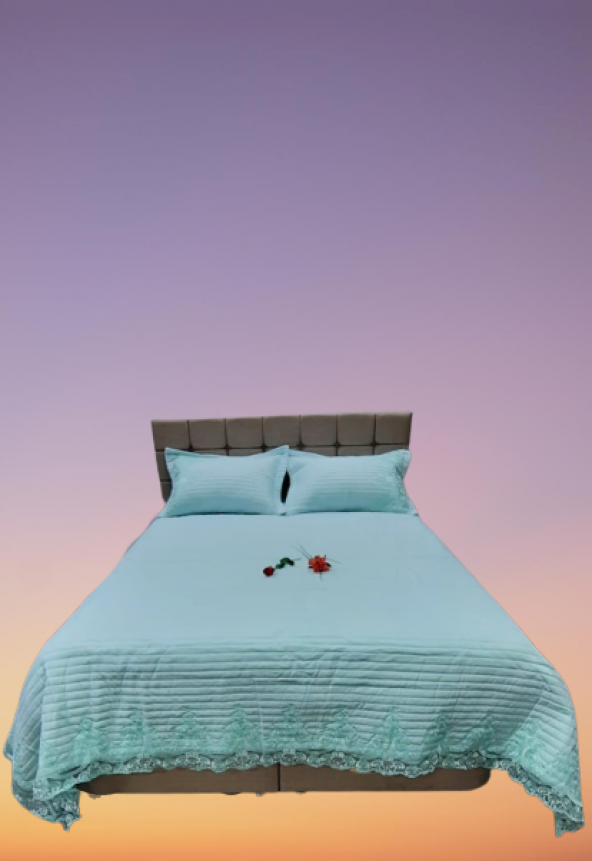 Yatak Örtüsü 13543 Zümrüt Çift Kişilik Dantelli AÇIK MAVİ %80 Pamuk El Yapım - 7