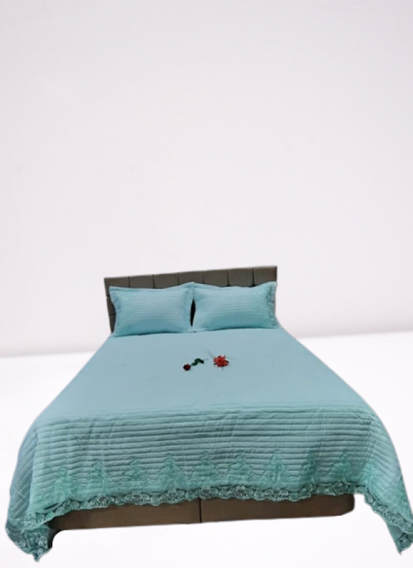 Yatak Örtüsü 13543 Zümrüt Çift Kişilik Dantelli AÇIK MAVİ %80 Pamuk El Yapım - 8