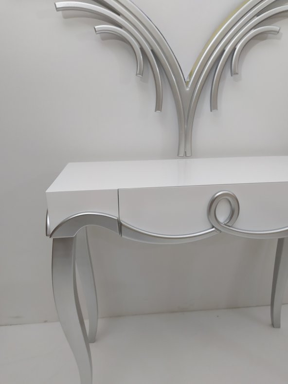 Dresuar 13261 CNC Klasik ASLAN  Kayın ayak KABARTMA Parlak Beyaz-GÜMÜŞ GRİ Elyapı - 5