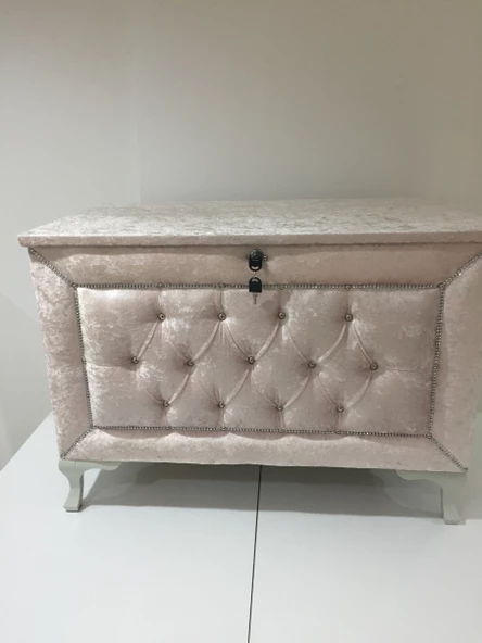 Çeyiz 13232 SANDIK Kapitone Büyük 3lü Model PEMBE Kadife Kumaş İçi Tela El Yapım - 2