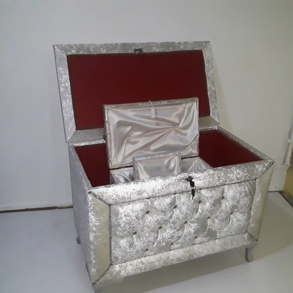 Çeyiz13233 SANDIK Kapitone Büyük 3lü Model KREM Kadifemsi Kumaş İçi tela El Yapım - 3