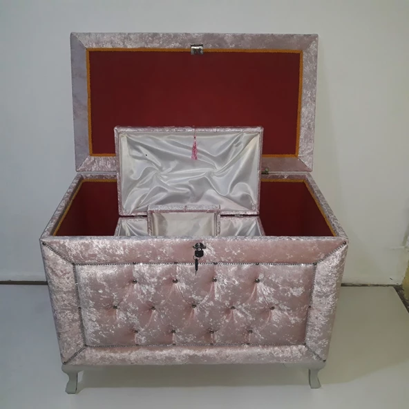 Çeyiz 13232 SANDIK Kapitone Büyük 3lü Model PEMBE Kadife Kumaş İçi Tela El Yapım - 3