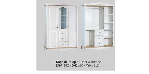 Dolap 13134 Urlu FLORA Model Kayın torna yüksek ayak 3kapı Kalite malzeme Kutu sevk - 3