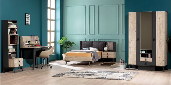 Takım Urlu 13990 RODİSOHO Model ANTRASİT Beyaz Kitaplık Masa Karyola komod Dolap Koltuk - 5