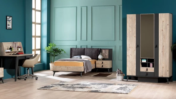 Takım Urlu 13990 RODİSOHO Model ANTRASİT Beyaz Kitaplık Masa Karyola komod Dolap Koltuk