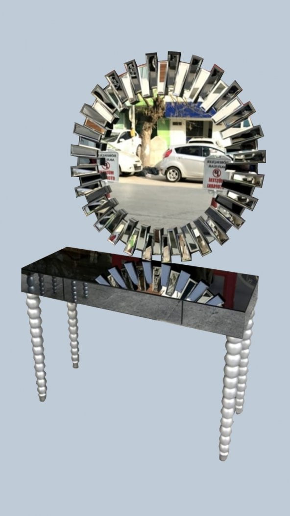 Dresuar 12457 GÜNEŞ Model Kayın ELMA Parlak Lake GRİ ayak Yuvarlak ayna El yapım - 2