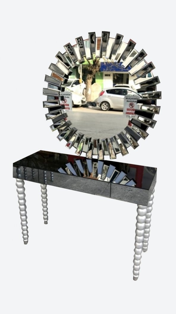 Dresuar 12457 GÜNEŞ Model Kayın ELMA Parlak Lake GRİ ayak Yuvarlak ayna El yapım - 3