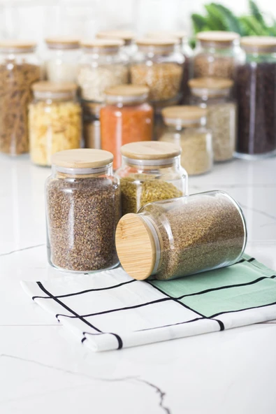 9 Lu Set Bambu Kapaklı Cam Kavanoz & Erzak Saklama Kabı 3 X (1.3 LT 0.80 LT 0.50 LT ( Vakum Kapak ) - Resim 4