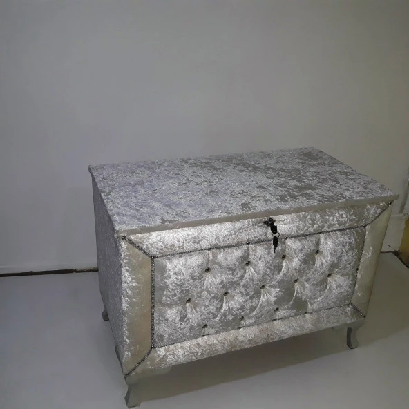 Çeyiz 12352 SANDIK Kapitone Büyük 3lü Model KREM Kadife Kumaş İçi tela El Yapım